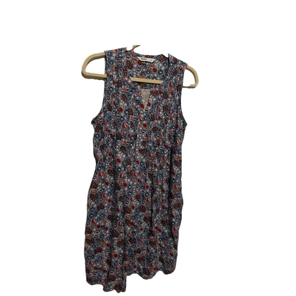 Sonoma Sleeveless Linen Blend Dress Small Blue Red Floral‎ Pleated Scoop Pocket